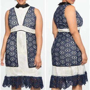ELOQUII Women's Navy and Cream Lace Fitted Sheath Dress Black Collar Size 20P